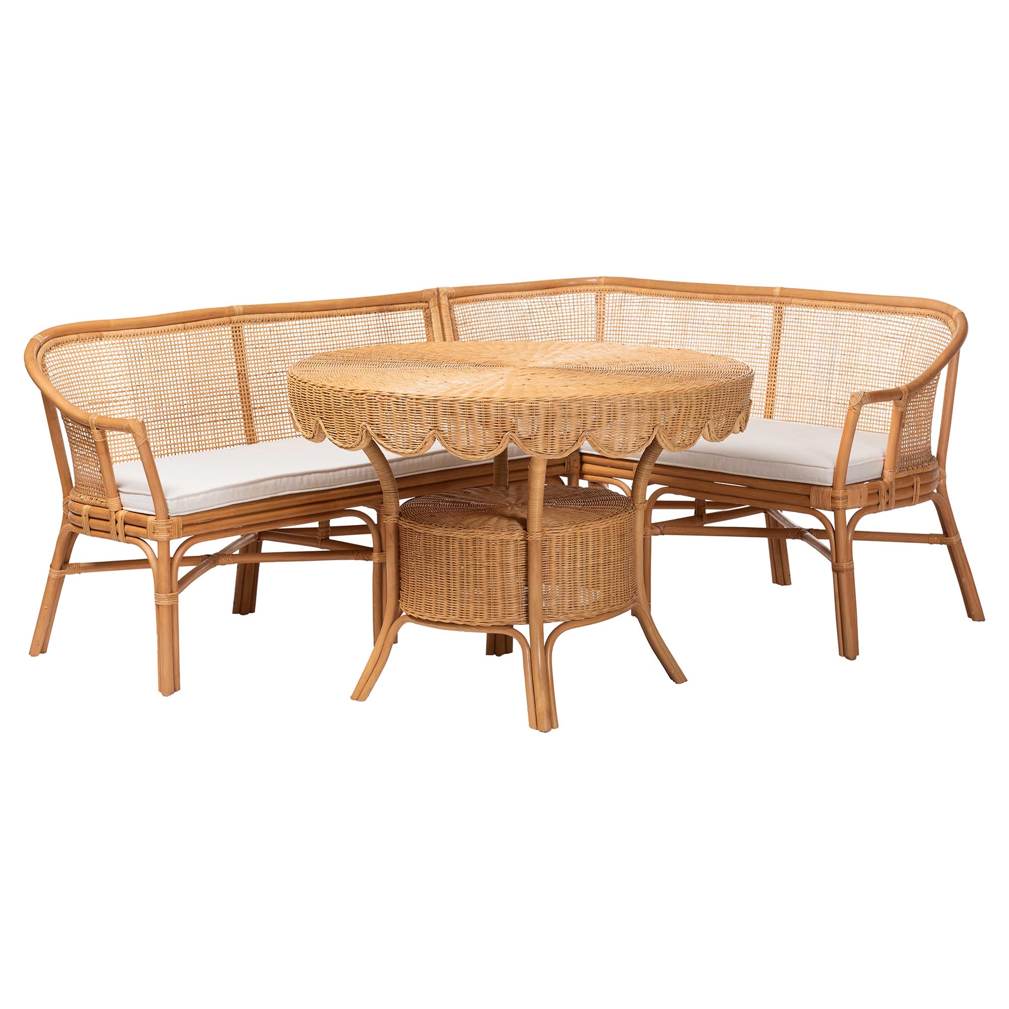 bali & pari Ceona 3-Piece Natural Rattan Dining Nook Set - L-Shaped Banquette Seating with Cushions and Pedestal Table, Boho Coastal Style Dining